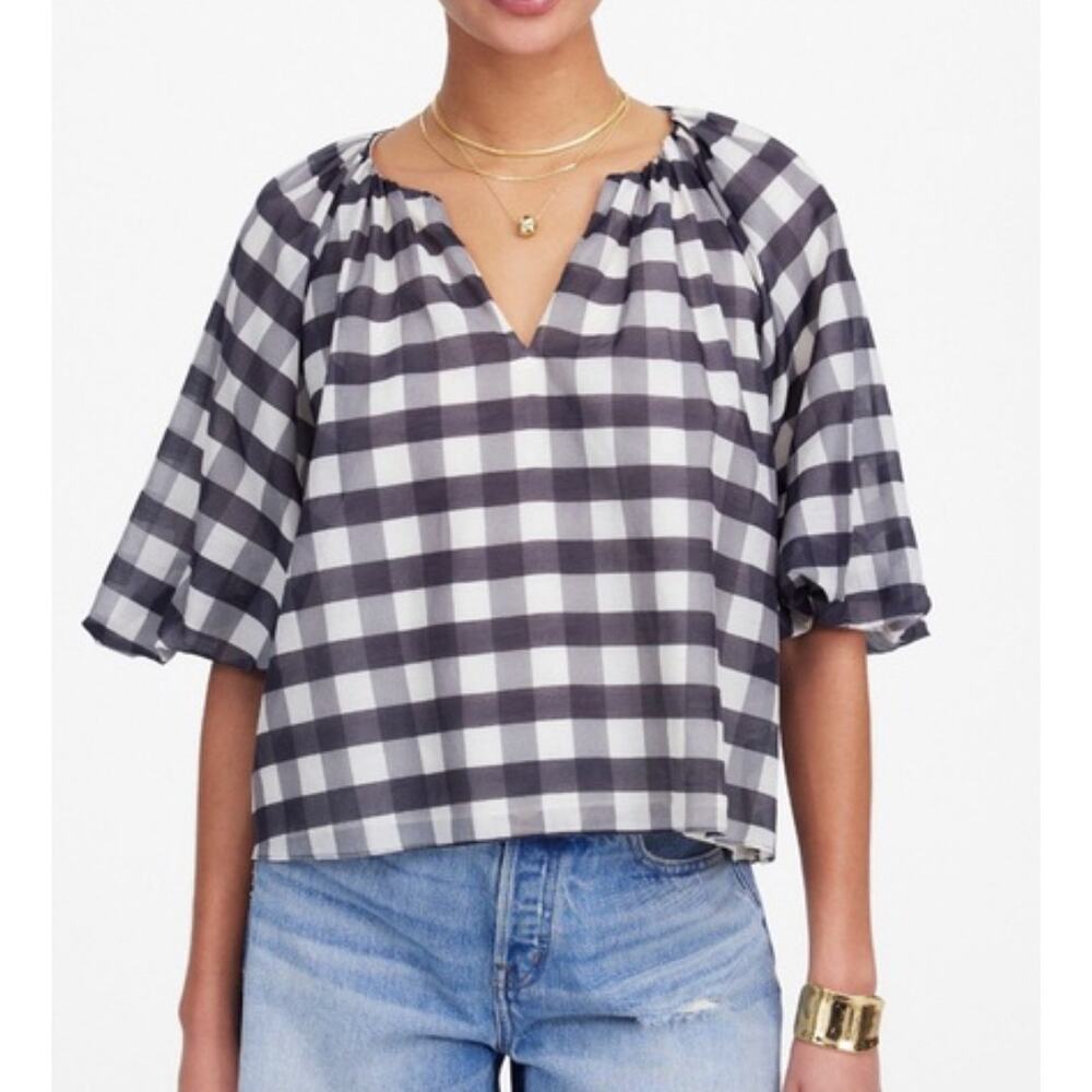 NWT Madewell Bubble-Sleeve Top True Black Gingham Plaid Short Sleeve Size‎ 2